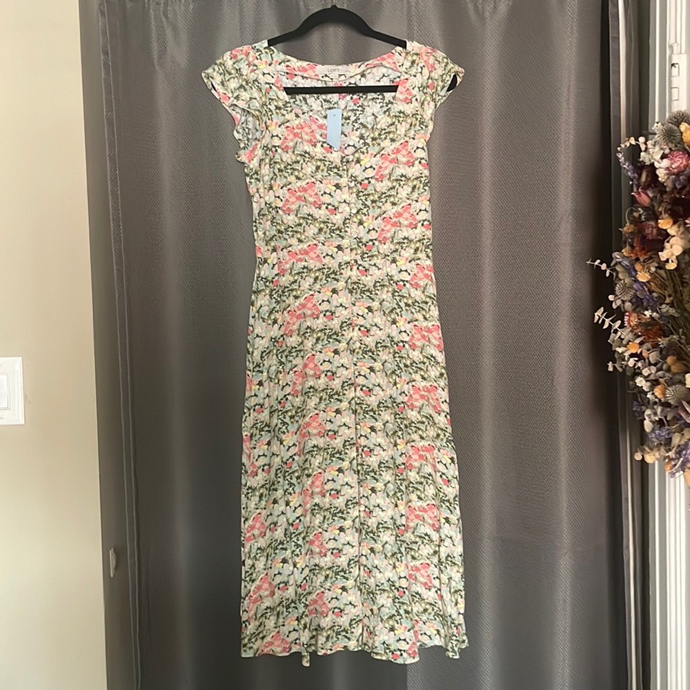 Loft Floral Cap Sleeve Button Midi Dress